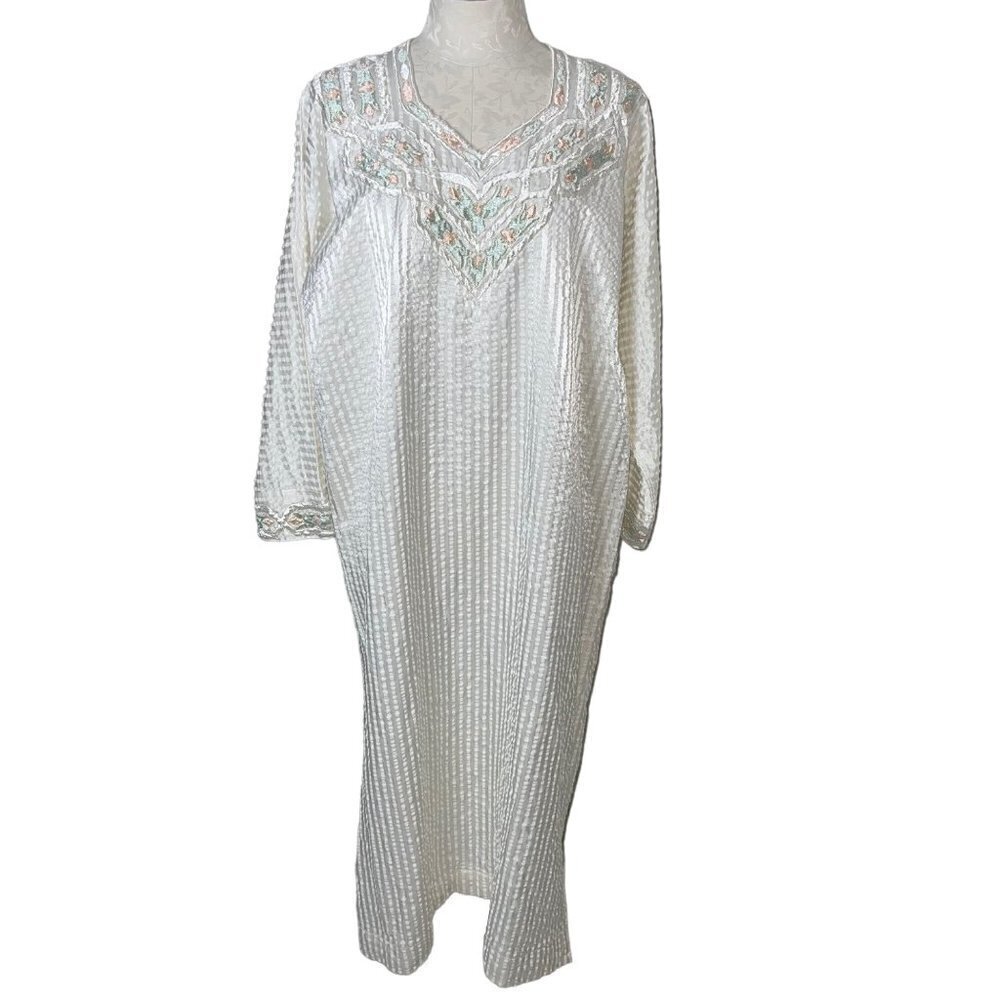 Vintage Womens Caftan Dress Size Large Cream Embroidered Ethnic Gold Metallic